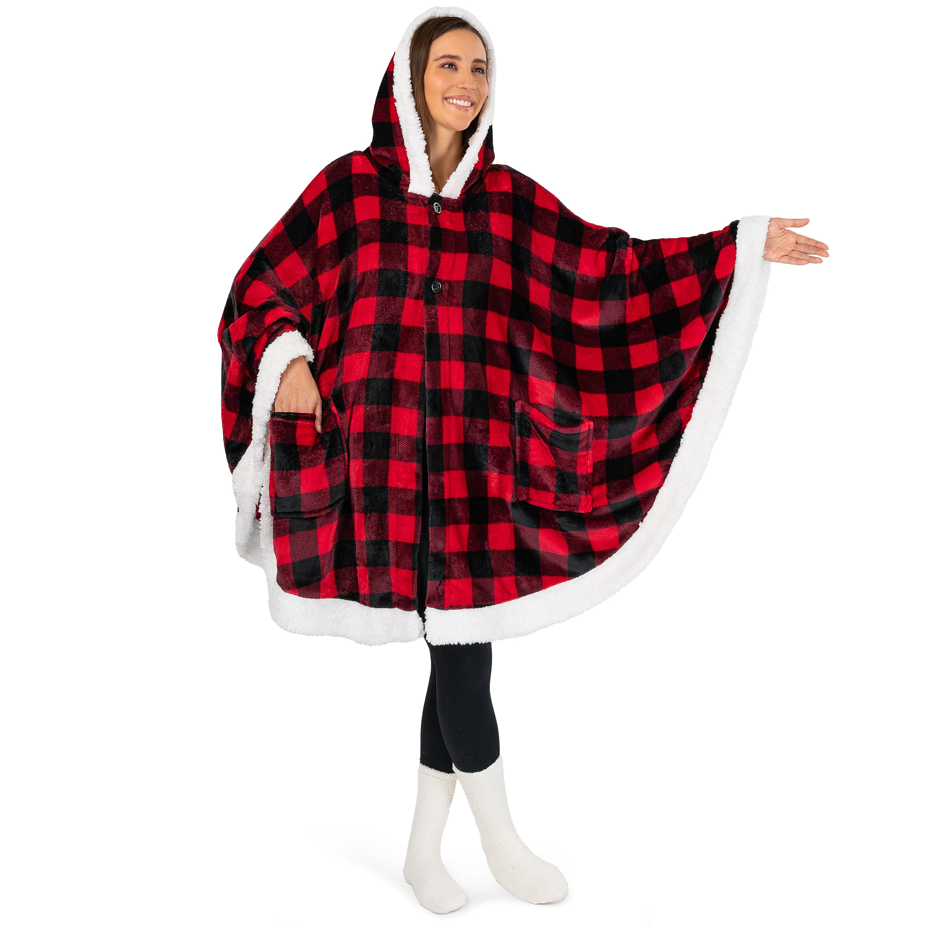 PAVILIA Sherpa Fleece Wearable Blanket for Adult Women, Cozy Plush Blanket Poncho Cape with Hood, Super Soft Shawl, Angel Wrap Throw for Office, Black and Red Buffalo Plaid Checkered
