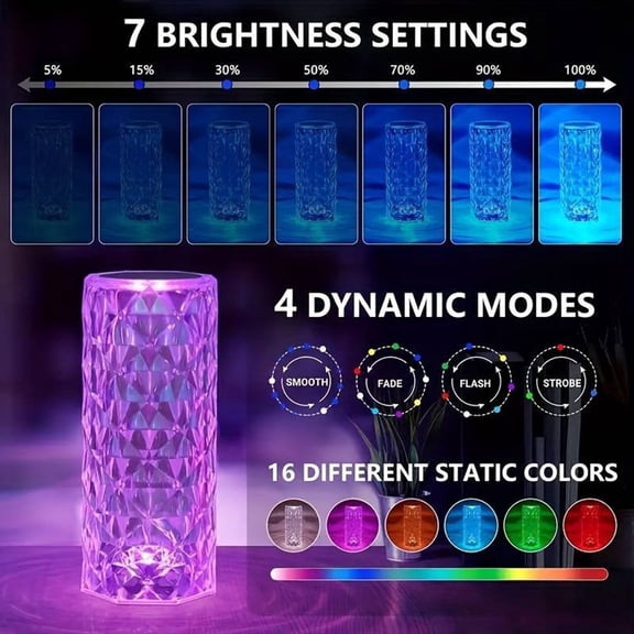 16-Color Rose Ambient Light Crystal Table Lamp RGB Color Changing Night Light,Romantic LED Rose Diamond Touch Lamps For Living Room (Remote & Touch)