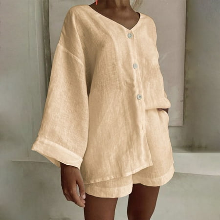 Women s Shorts Suit Womens Casual 2 Piece Outfits Cotton Linen Set Long Sleeve Button Down Shirts High Waisted Shorts 2025 Vacation Set Yellow Women s Shorts Suit M