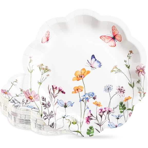 48Pcs Wildflower Dessert Paper Plates Floral Disposable Party Plates Spring Summer Flowers and Butterfly 7" Scalloped Plate for Baby Bridal Shower Garden Tea Party Supplies