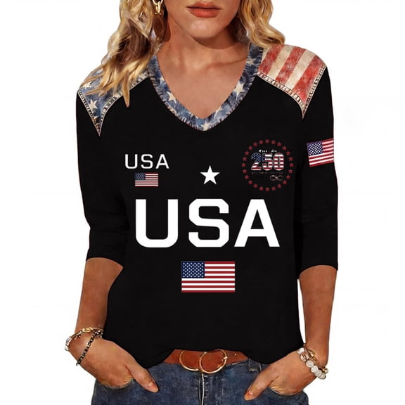 Fabrcox S-5XL 1776-2026 250 Anniversary USA T Shirt Flag Print 3/4 Sleeve Funny 4th of July Shirts for Women We the People Celebration Freedom Funny Patriotic Shirts for Women