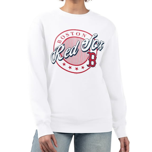 Women's G-III 4Her by Carl Banks White Boston Red Sox Pinstripe Circle Team Fleece Pullover Sweatshirt