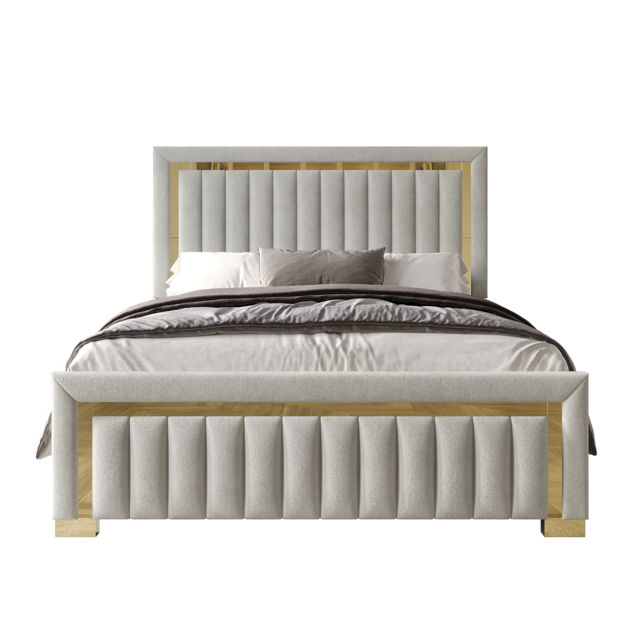 Home Design Olathe Full Upholstered Panel Bed Frame with Channel-Tufted Headboard and Gold Acrylic Strip Accents, Light Gray, Easy Assembly