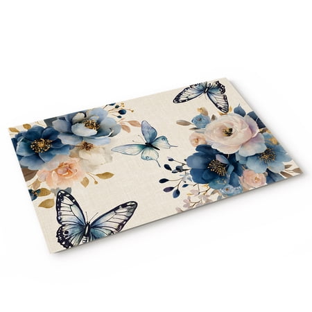 Spring Florals Door Mat Country Watercolor White Blue Floral Butterfly Linen Texture Non Slip Absorbent Entrance Mat Washable Low Profile Indoor Doormat for Front Door Entryway Entry 18 x30