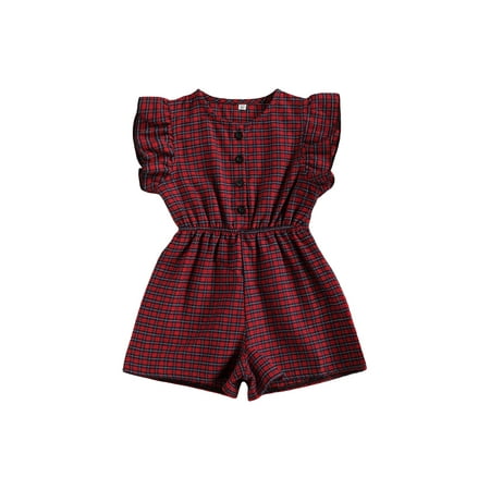 

Kids Baby Girls Fly Sleeve Plaid Romper Jumpsuit Summer Bodysuit Outfits Wine Red 4-5 Years