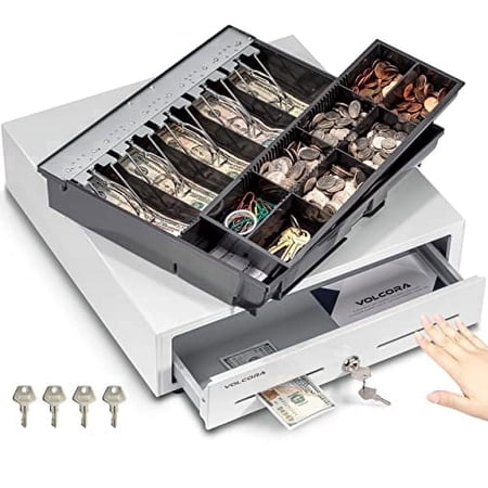 Volcora 16" Push Open Cash Register Drawer for Point of Sale (POS) System, Fully Removable White Heavy Duty Till with 5 Bills/8 Coin Slots, Key Lock and Double Media Slots