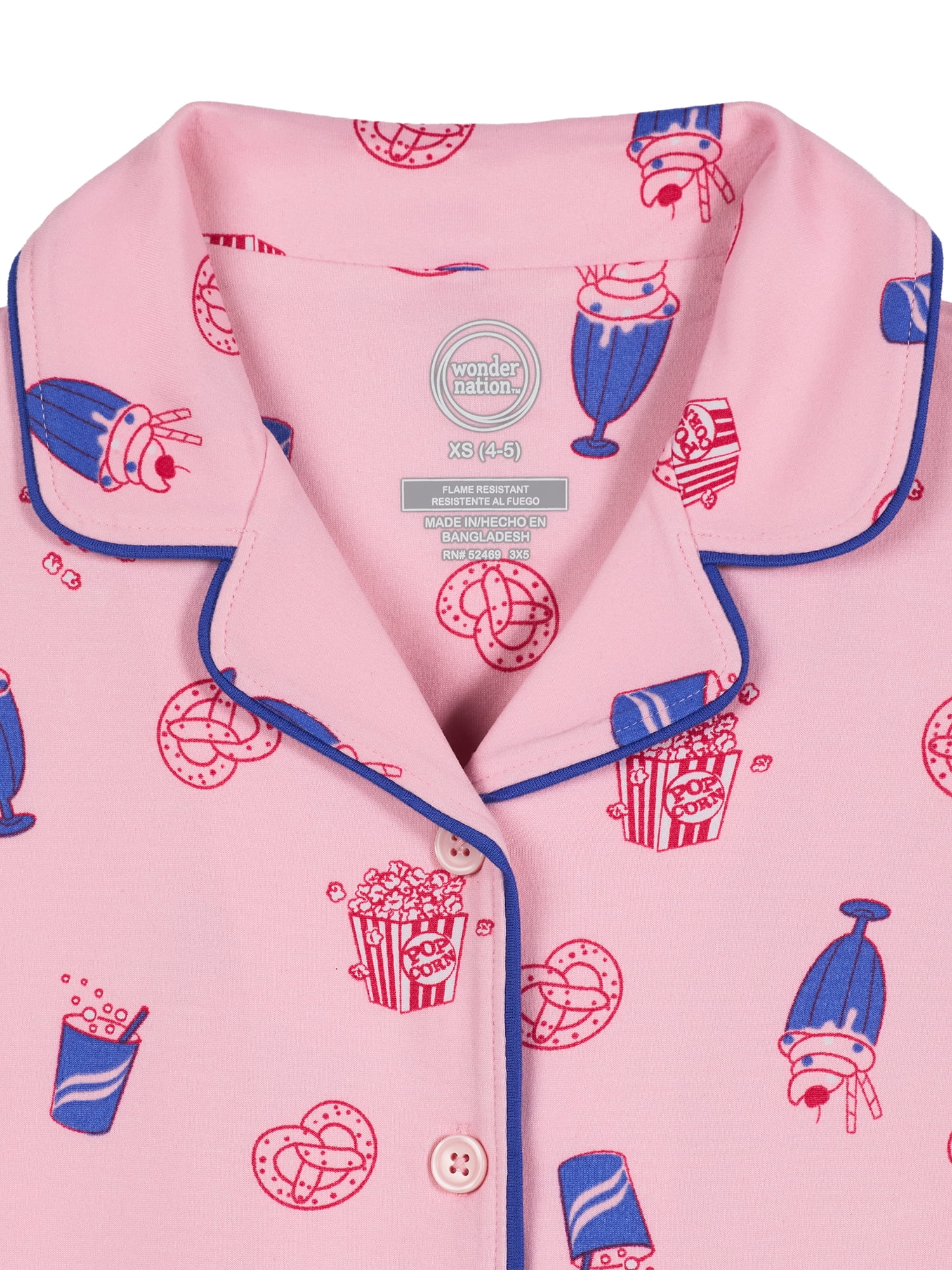 Wonder Nation Girls Short Sleeve Button Front Pajama Top and Pants Set with Eyemask, 3-Piece, Sizes 4-18