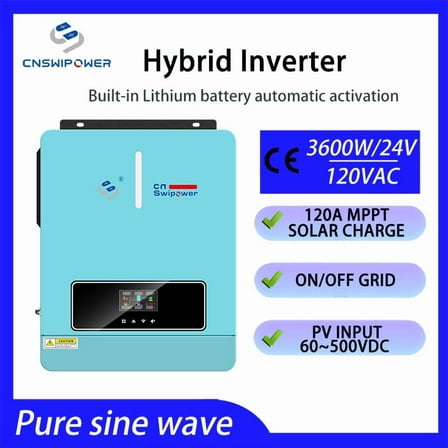 CNSWIPOWER 4000VA 3600W Hybrid Inverter,24V DC to 110V/120V AC,Pure Sine Wave, Single with 120A MPPT Controller,Supports Parallel Connection, Compatible with 24V LiFePO4/Li/GEL/AGM Batteries