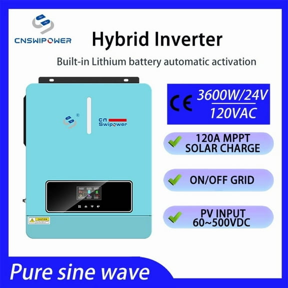 CNSWIPOWER 4000VA 3600W Hybrid Inverter,24V DC to 110V/120V AC,Pure Sine Wave, Single with 120A MPPT Controller,Supports Parallel Connection, Compatible with 24V LiFePO4/Li/GEL/AGM Batteries