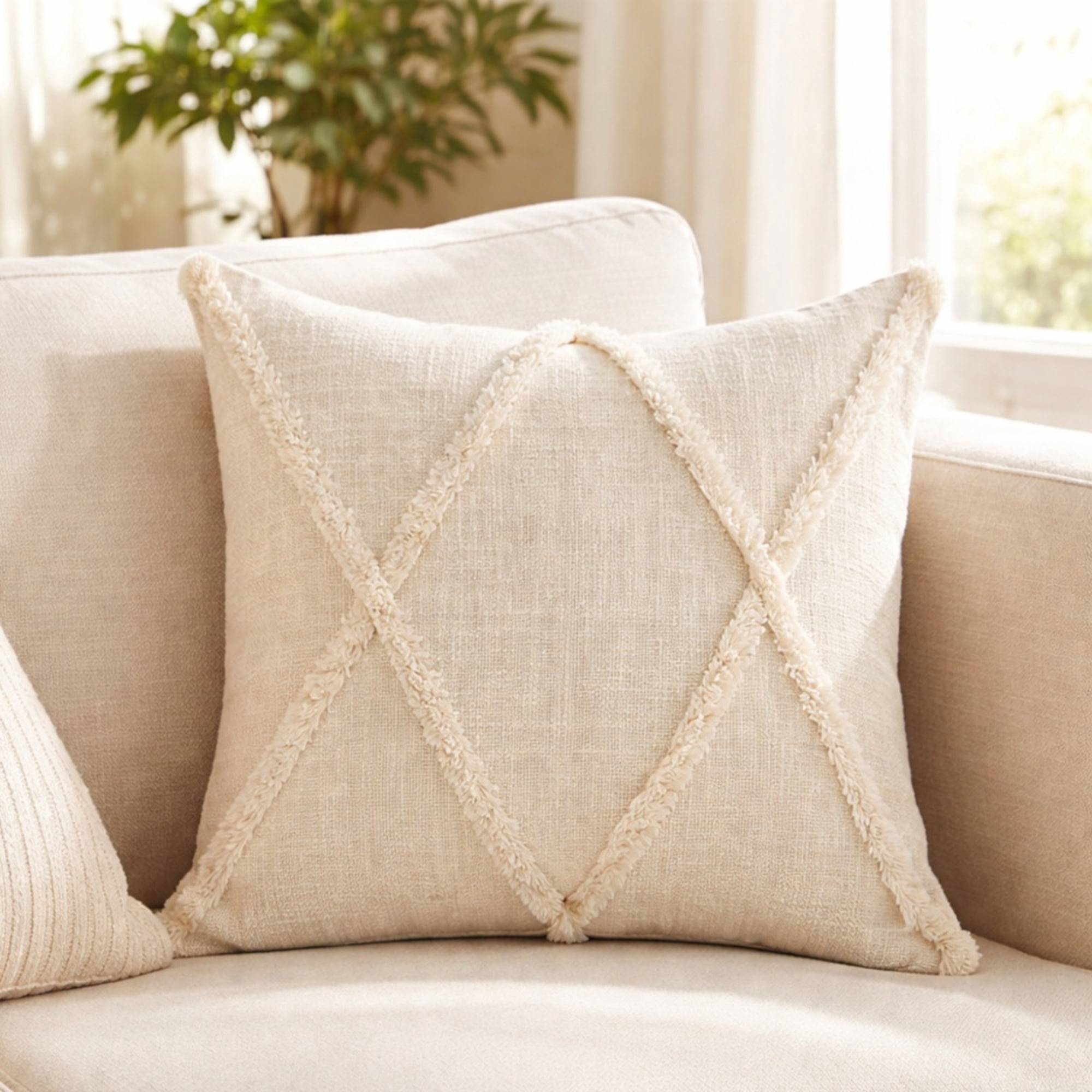 Woven Paths Sara 20" x 20" Natural Shag Diamond Cotton Adult Decorative Throw Pillow
