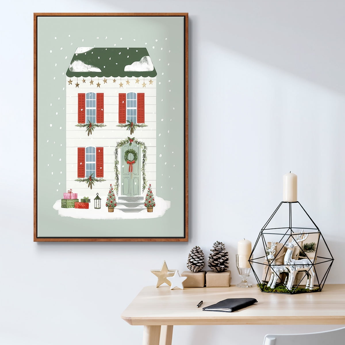 Festive Front Door IV - Framed Gallery Wrapped Holiday Canvas - 25 x 37 - Rosewood Frame