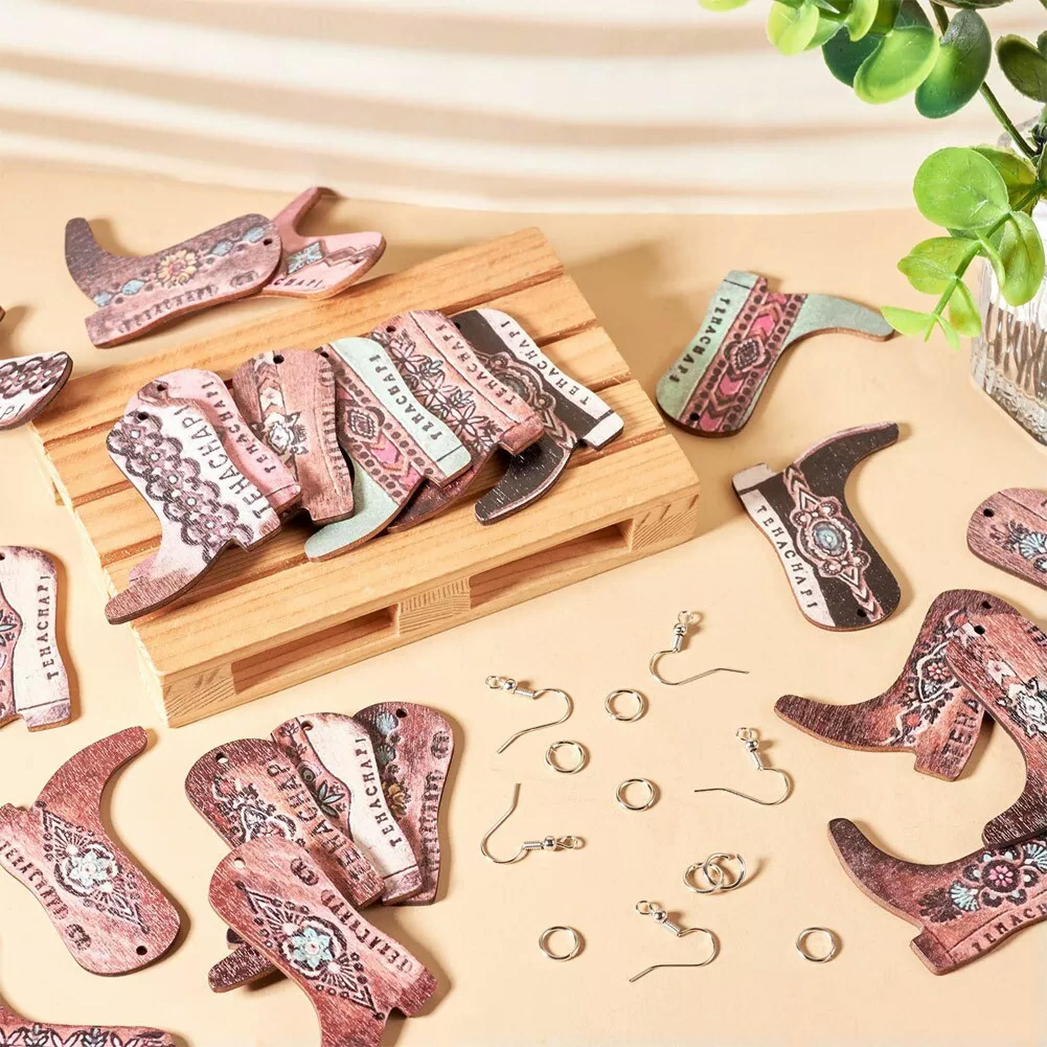 EOEMY 1Box Diy West Cowboy Boot Wood Dangle Earrings Jewelry Finding Making Kit 8~49mm
