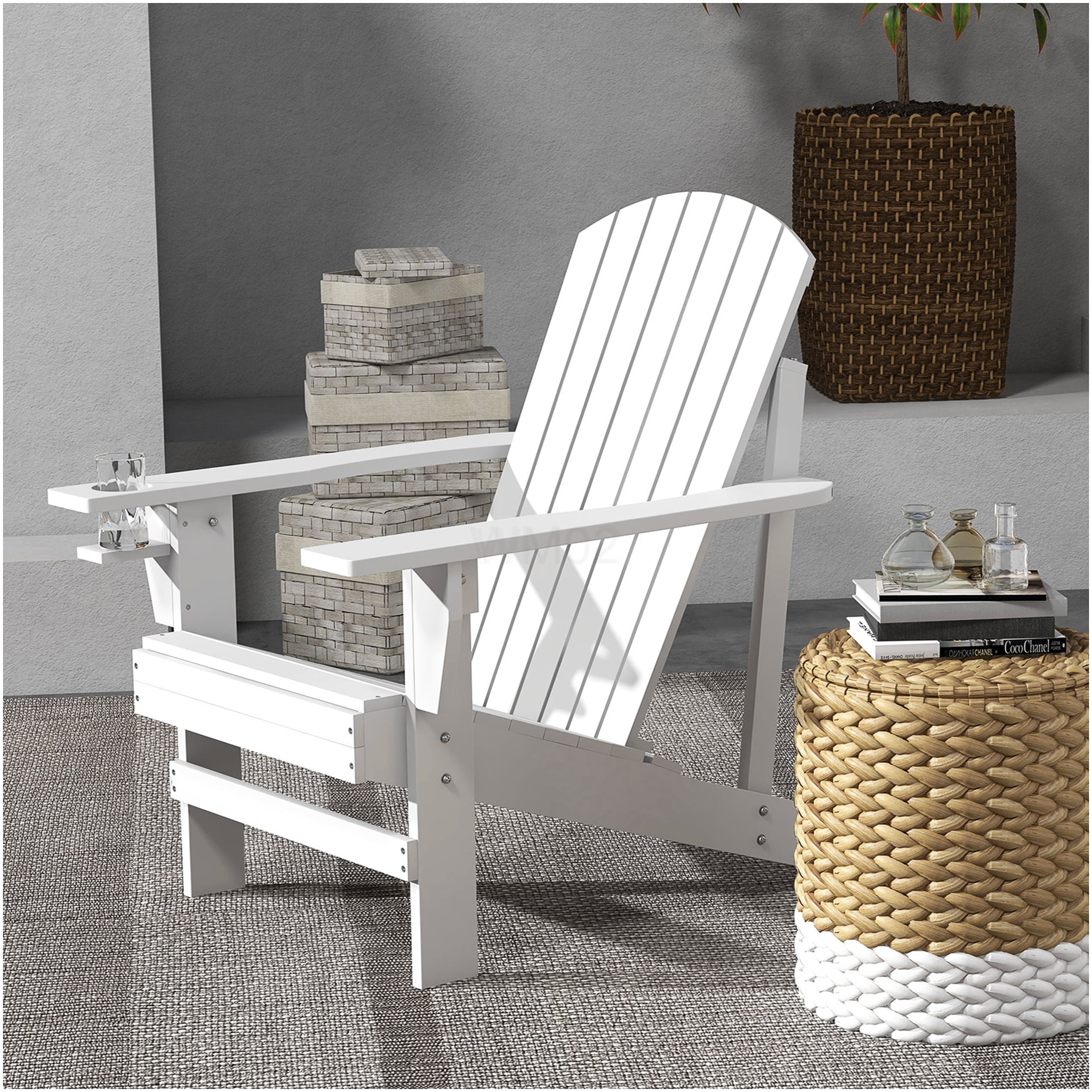 COSMOS White Wooden Adirondack Chair with Cup Holder, Weather-Resistant Outdoor Patio Lounge Chair for Garden, Deck, Backyard, Fire Pit
