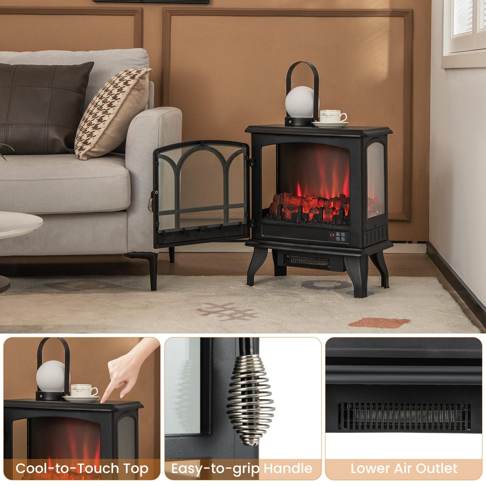 Giantex Electric Fireplace Stove, Freestanding Compact Space Heater w/3-Sided View, Remote Control, 0.5-6H Timer