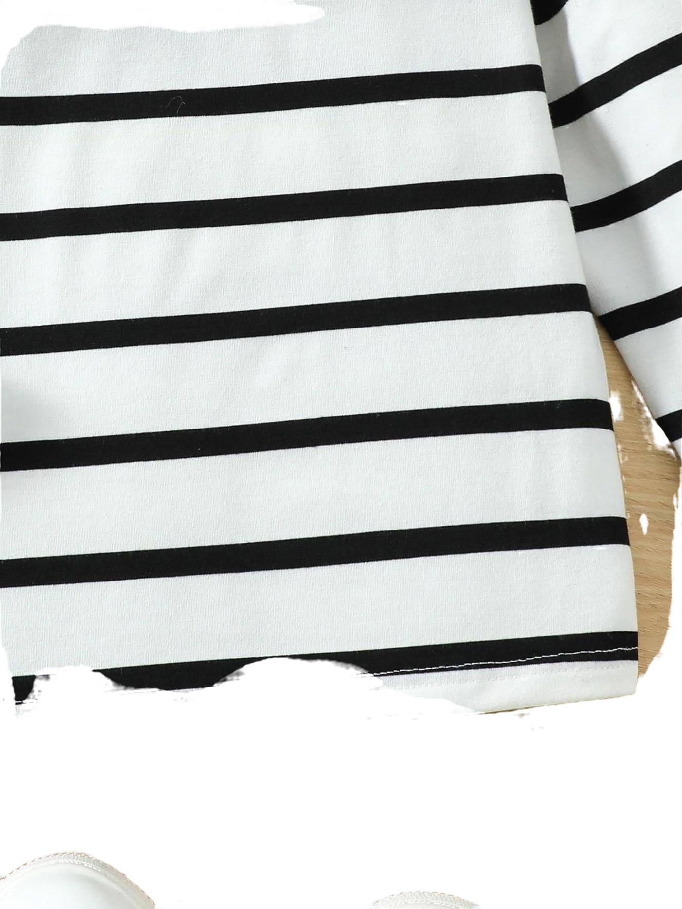 Cute Striped Round Neck Long Sleeve Black and White Toddler Girls T