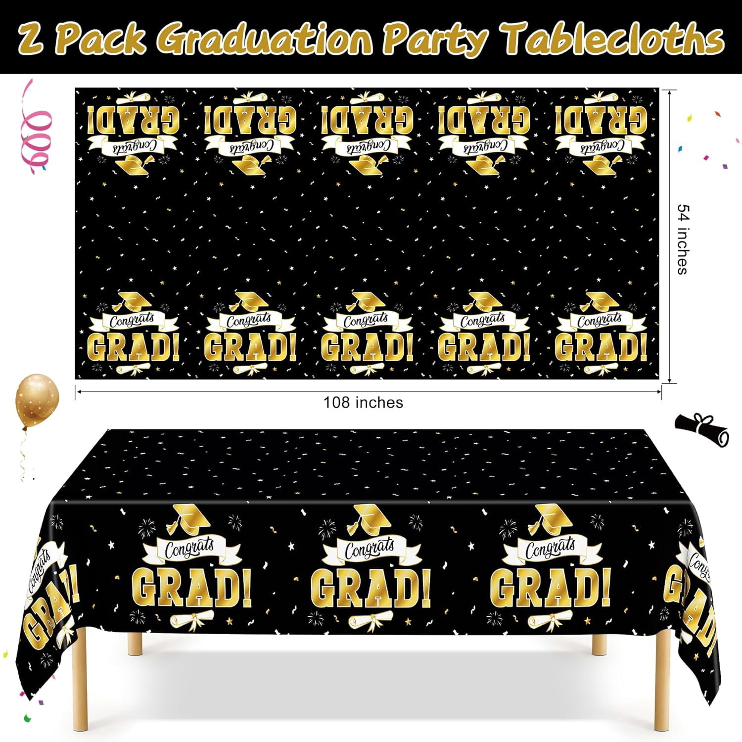 2Pack Graduation Decorations 2026, 108" X 54" Graduation Tablecloth, Blackgold Rectangle Class of 2026 Table Cloths, Disposable Plastic Congrats Grad Tablecover for Grad Party Favors Supplies