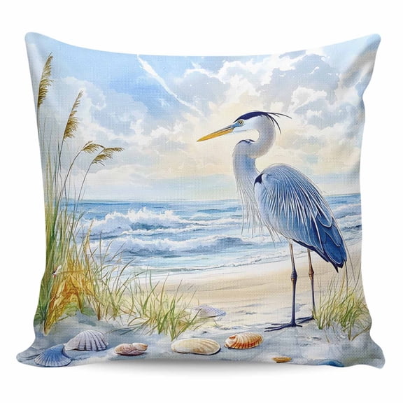 Throw Pillow Covers 24x24 Inch, Coastal Birds Decorative Pillow Cases for Couch Sofa Bed, Blue Sky Heron Seabird Tropical Beach Cotton Linen Square Home Decor Pillowcases with Hidden Zipper