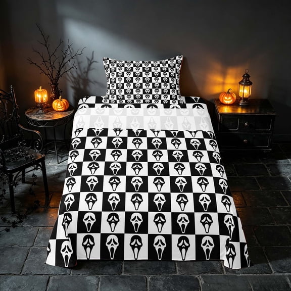 Homewish Ghost Face Checkered Twin Sheets, Halloween Spooky Grid Bedding, Black White, 3 Pieces (1 Flat Sheet, 1 Fitted Sheet and 1 Pillowcase)