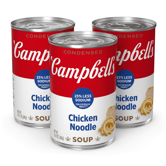 Campbell’s Condensed 25% Less Sodium Chicken Noodle Soup,10.75 oz (3-Pack) – Classic Comfort with Less Salt