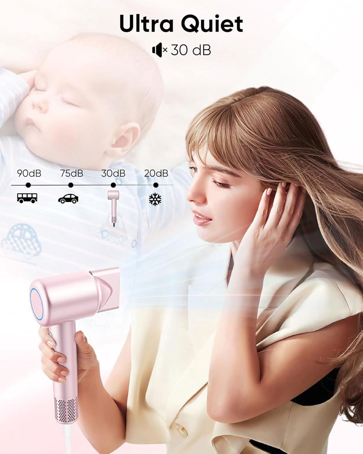 2025 Brushless Motor Hair Dryer - High-Speed Ionic Blow Dryer with Magnetic Diffuser for Curly Hair(Baby Pink)