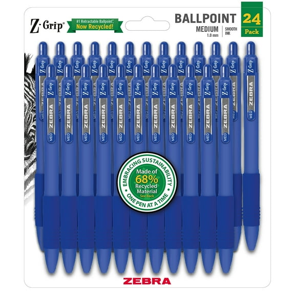 Zebra Z-Grip Recycled Retractable Ballpoint Pen Medium Point 1.0mm Blue Ink 24/Pack (20324)