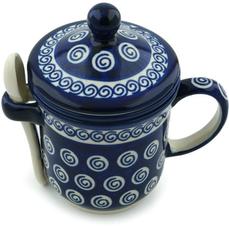 Hand Thrown Pottery Mugs (Polish Pottery 11 oz Brewing Mug with Spoon (Cobalt Swirl Theme) Hand Painted in Boleslawiec, Poland + Certificate of)