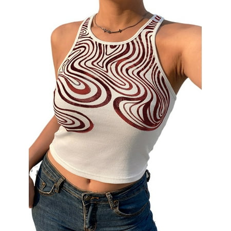 

Qiylii Women Close-fitting Camisole Printing Round Collar Sleeveless Crop Tops