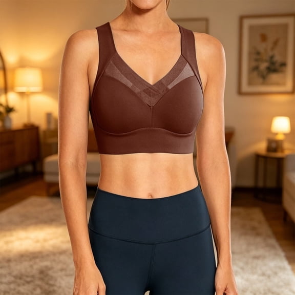 Women's Wireless Unlined Lace Bra JIANLAI Women's V Neck Mesh Panel Sports Bra, Wide Strap High Support Workout Bra, Wirefree Padded Fitness Bra for Yoga Running Gym