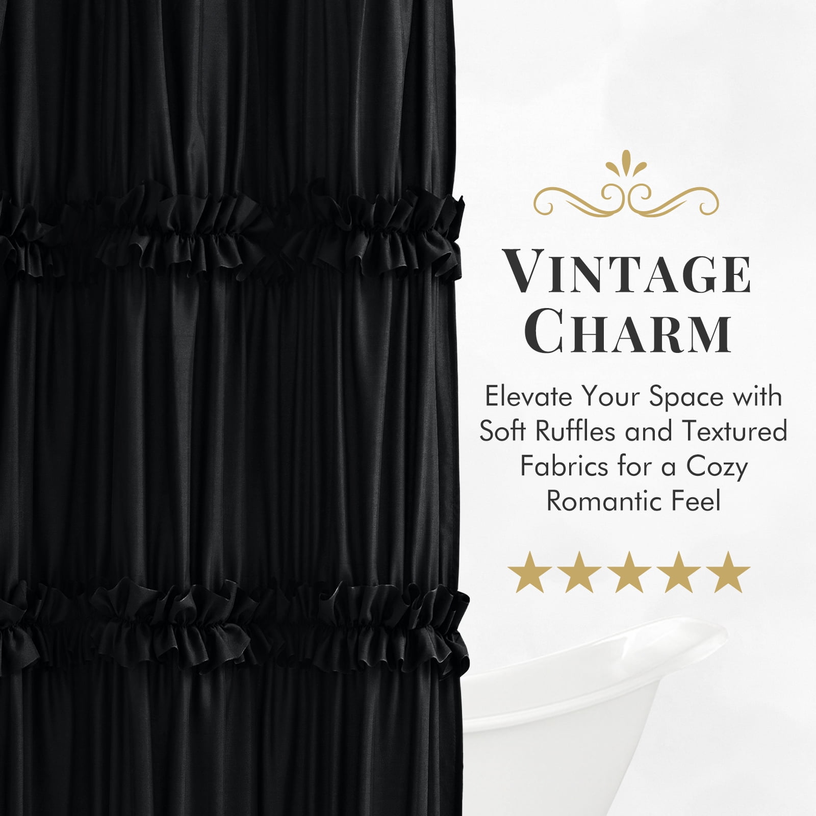 Seasonwood Ruffle Shower Curtain,Black Tiered Fabric Bathroom Curtain for Farmhouse Decor,72 x 72 Inch