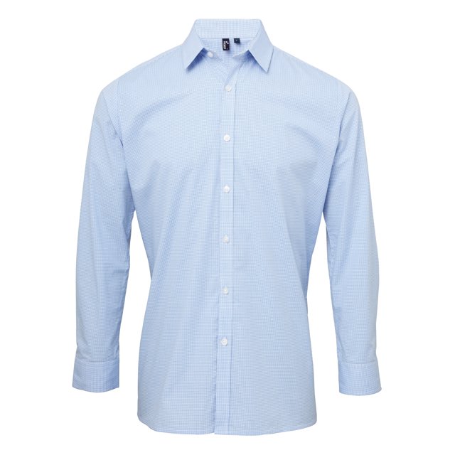 Premier - Camisa de manga larga modelo Microcheck para hombre (Azul claro/blanco)