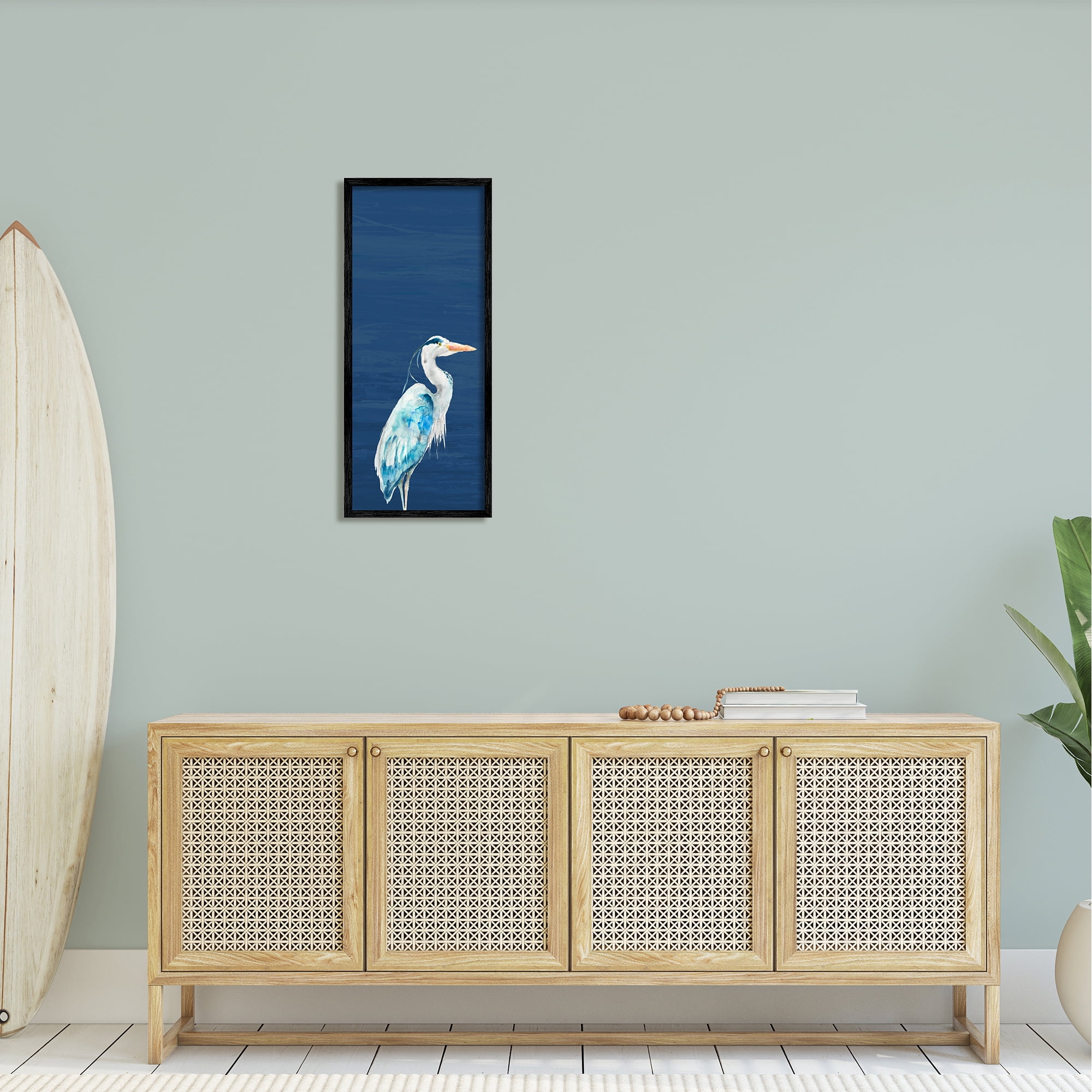 Stupell Industries Egret Sea Bird Standing Deep Blue Ocean Background Framed Wall Art, 13 x 30, Design by Patti Mann