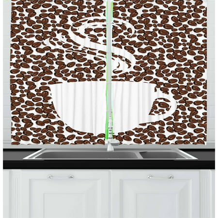 Coffee Curtains 2 Panels Set, Piping Hot Java Cup Silhouette on Fresh and Aromatic Arabica Beans Gourmet Choice, Window Drapes for Living Room Bedroom, 55W X 39L Inches, Brown White, by