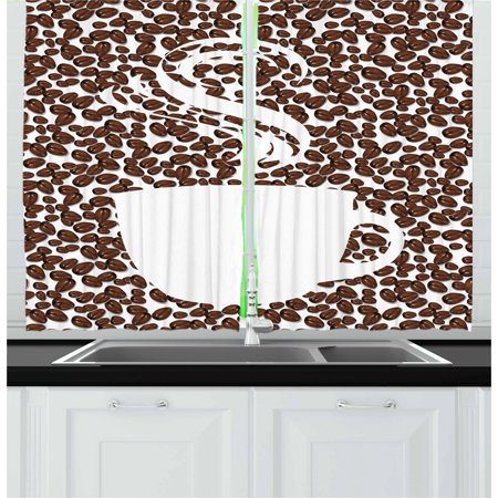 Coffee Curtains 2 Panels Set, Piping Hot Java Cup Silhouette on Fresh and Aromatic Arabica Beans Gourmet Choice, Window Drapes for Living Room Bedroom, 55W X 39L Inches, Brown White, by (Best Room Note Aromatic Pipe Tobacco)