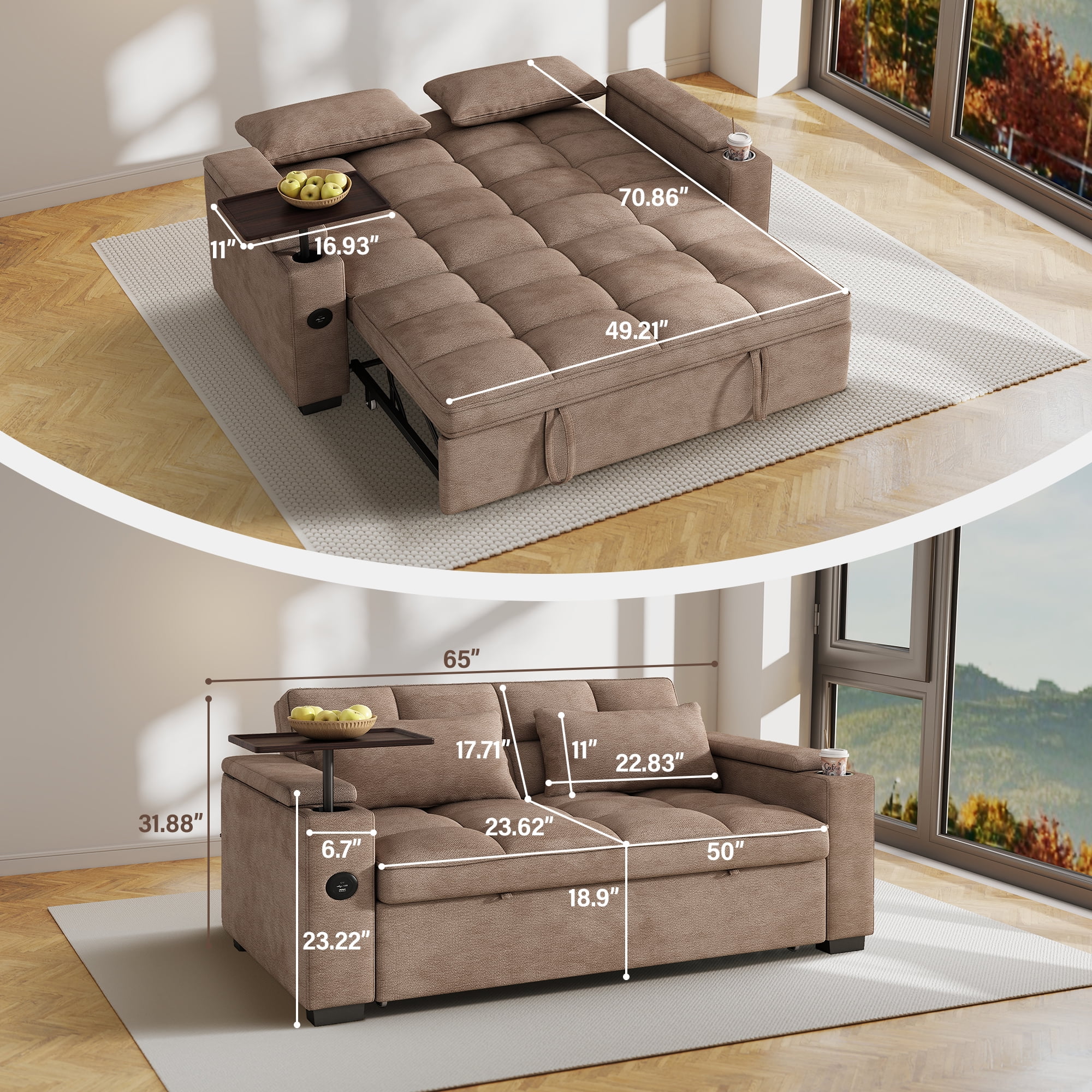 Aukfa 65"W Convertible 3-in-1 Sofa Bed with Storage, Queen Chenille Sleeper Couch with USB/Type-C Ports & Rotating Side Table,khaki