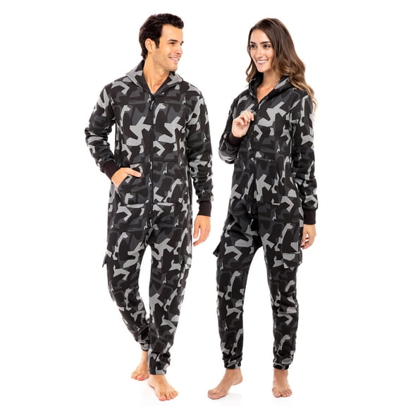 Notus Unisex Adult Fleece Hooded Zip Up One Piece Pajama Jumpsuit Sleepwear & Loungewear Camo Char-Gray L