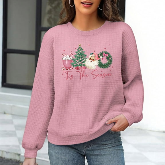 GuzomFashion Womens Christmas Sweatshirt Waffle Knit, Crew Neck Long Sleeves, Tis The Season Graphic, Pink,Size S