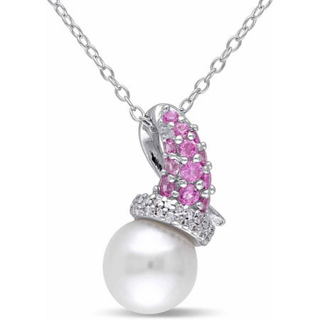Tangelo 8-8.5mm White Round Cultured Freshwater Pearl and 1/3 Carat T.G.W. Created Rose Sapphire with Diamond-Accent Sterling Silver Link Pendant, 18