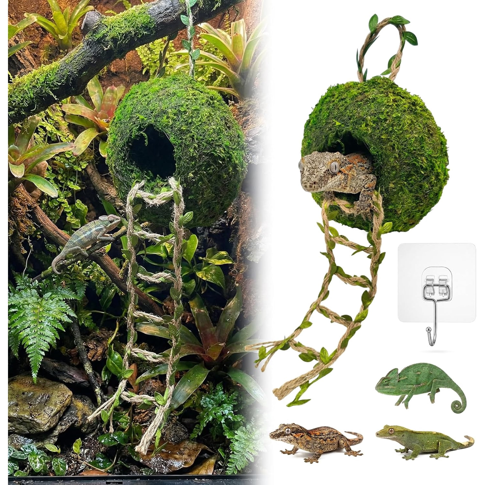 6" Moss Cave Hideout with Hanging Rope & Hemp Climbing Ladder, Natural Terrarium Vivarium Decor for Reptiles, Fits Crested Geckos, Chameleons, Tree Frogs, Leopard Geckos, Snakes