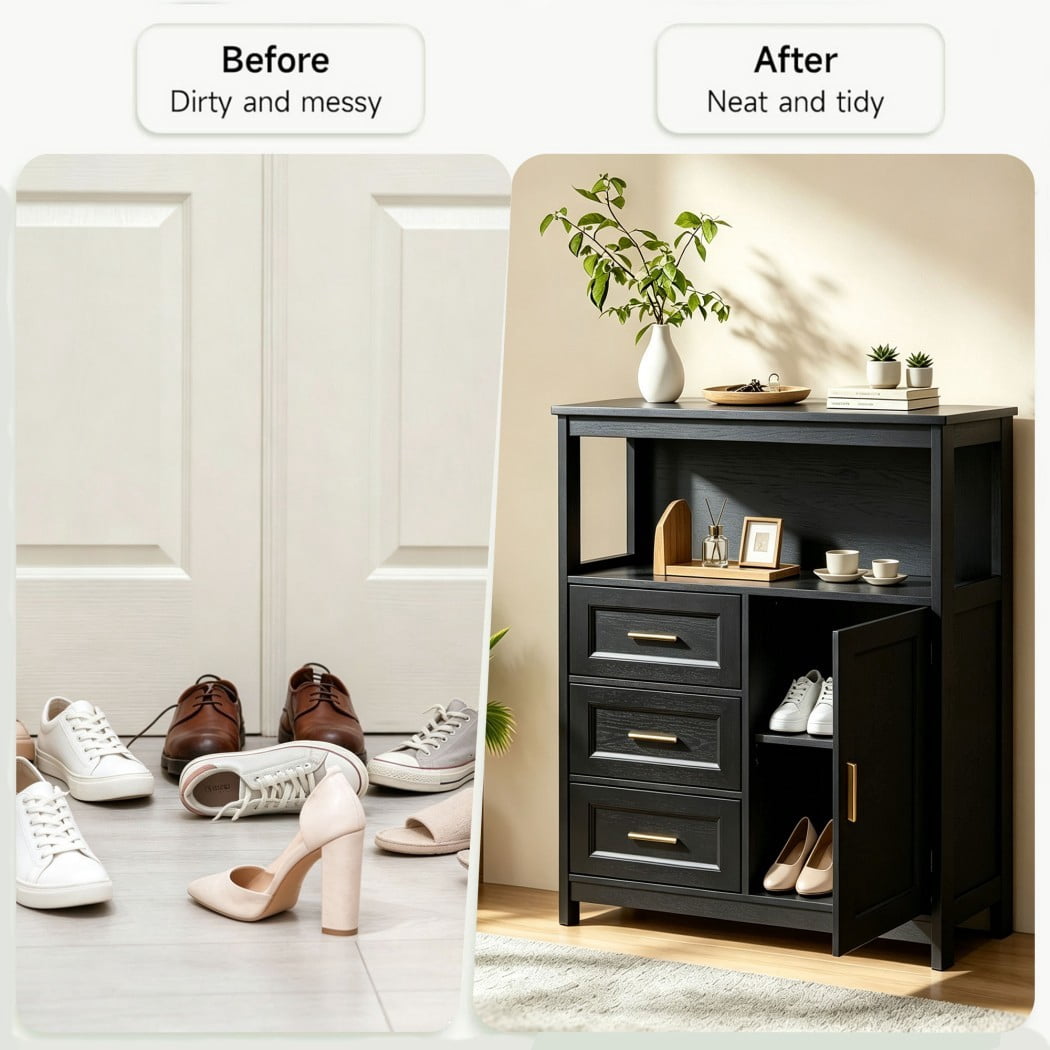 Modern Buffet Cabinet, Kitchen Storage Cabinet with 3 Drawers & 1 Door, Sideboard Cabinet with Wide Countertop for Dining Room, Living Room, Entryway & Bathroom, Black
