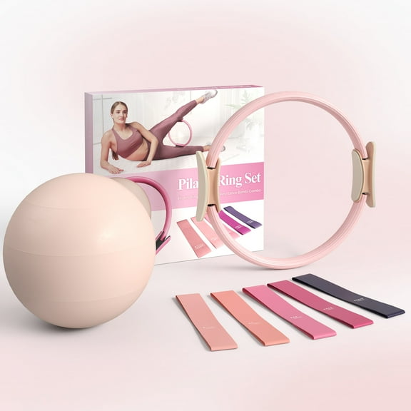Syedee Pilates Ring Set – 14" Anti-Deformation Circle with Padded Handles, Mini Ball, Resistance Bands, Focusing on Toning Inner Thighs, Arms, and Core