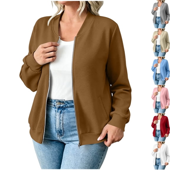 Womens Fleece Long Sleeve Casual Bomber Jacket Full Zip Varsity Stand Collar Slouchy Sweatshirt with Pockets Warm Cozy Coats for Fall Daily Wear, Brown, XL