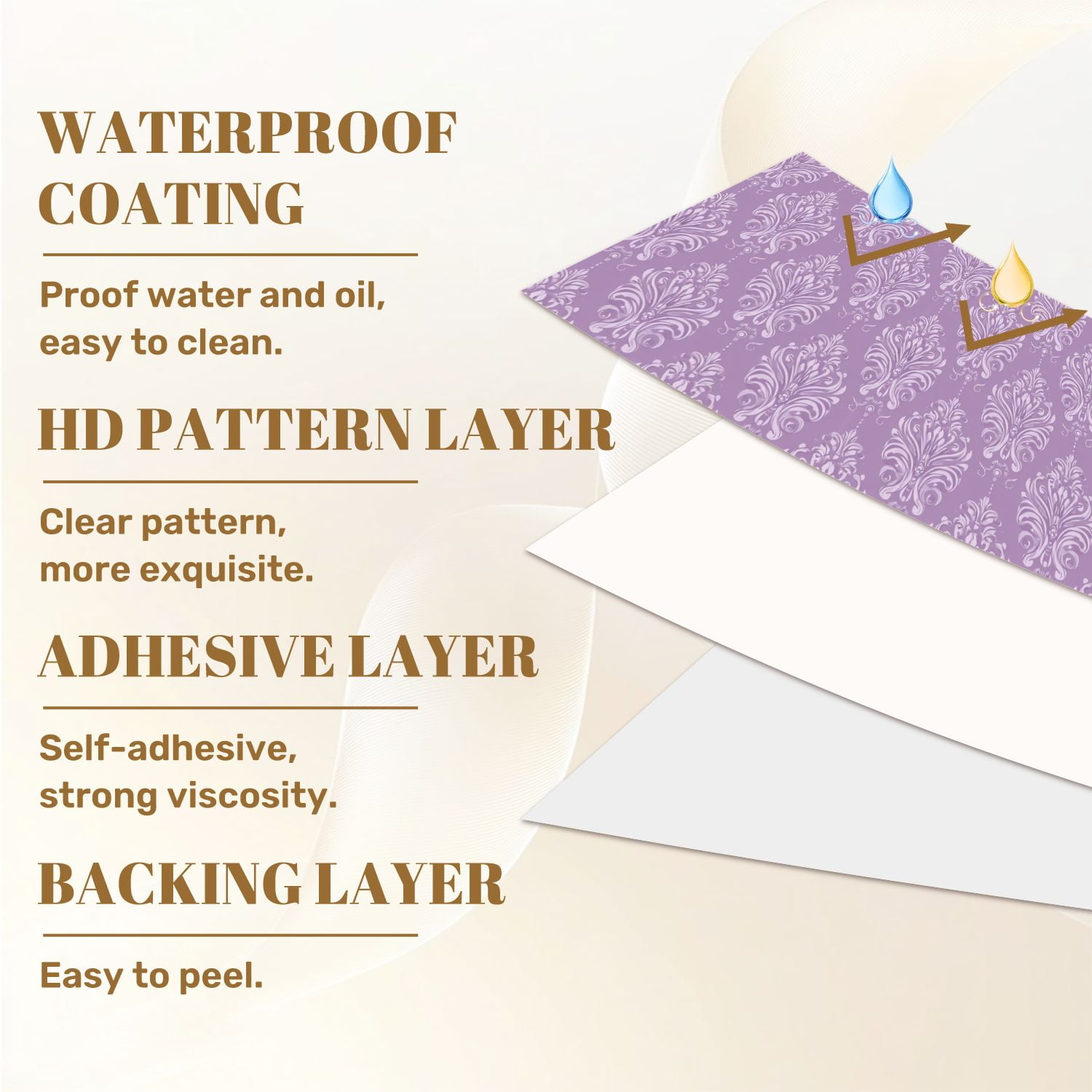 Peel and Stick Wallpaper 23.6in x 9.8ft Lavender Damask Elegant Swirls Floral Details Contact Paper Vinyl Self-Adhesive Removable Wall Paper for Bedroom DIY Home Decor Renter Friendly