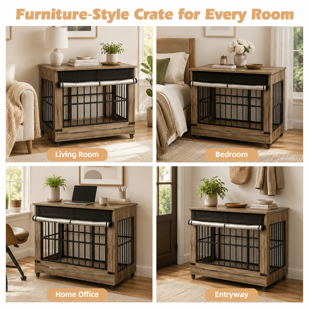 Aukfa 46-Inch Large Dog Crate Furniture, Indoor Dog Kennel Decorative Pet Cage End Table, Lift-Up Door, Curtain & Wheels,Greige