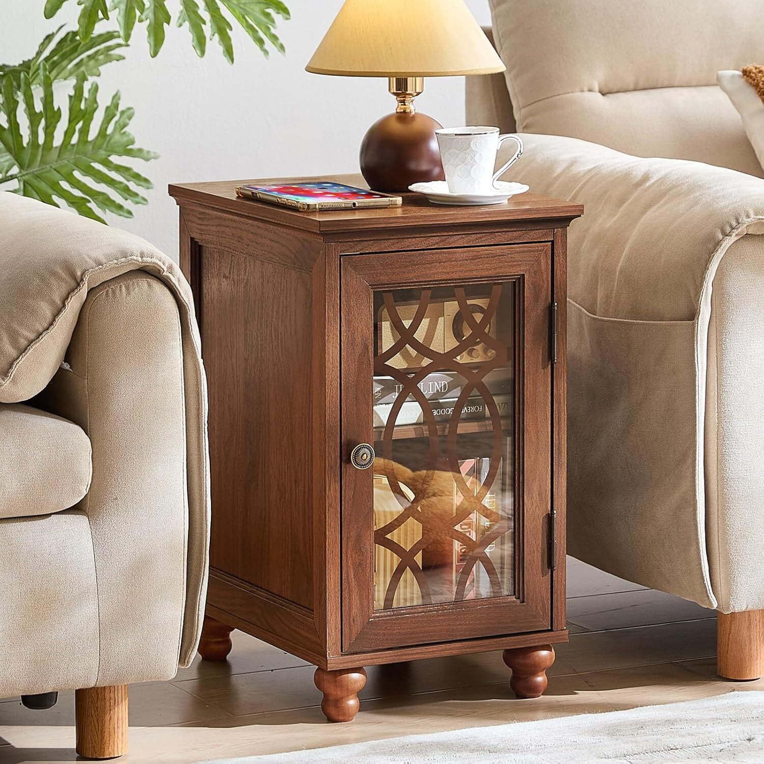 Narrow End Table Set of 2 with Shelf & Door, Farmhouse Rustic Wood Side Table for Living Room, Bedroom, Blue
