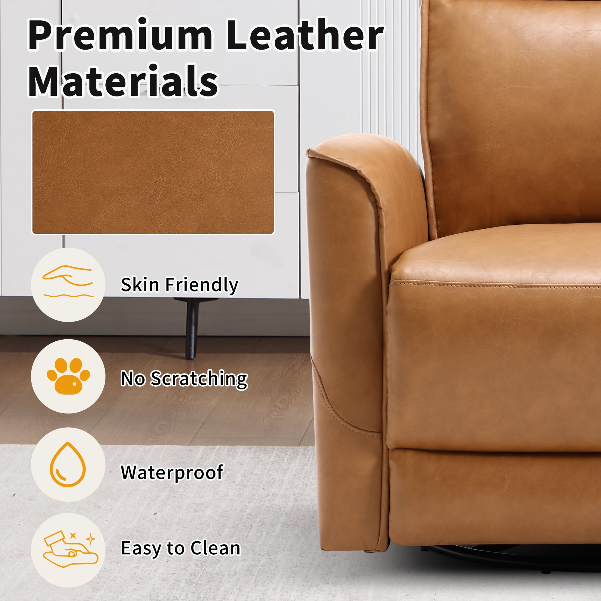 Ebello Manual PU Leather Swivel Rocker Recliner, Nursery Glider Chair with Padded Armrests & Backrest for Apartment, Living Room and Bedroom, Brown