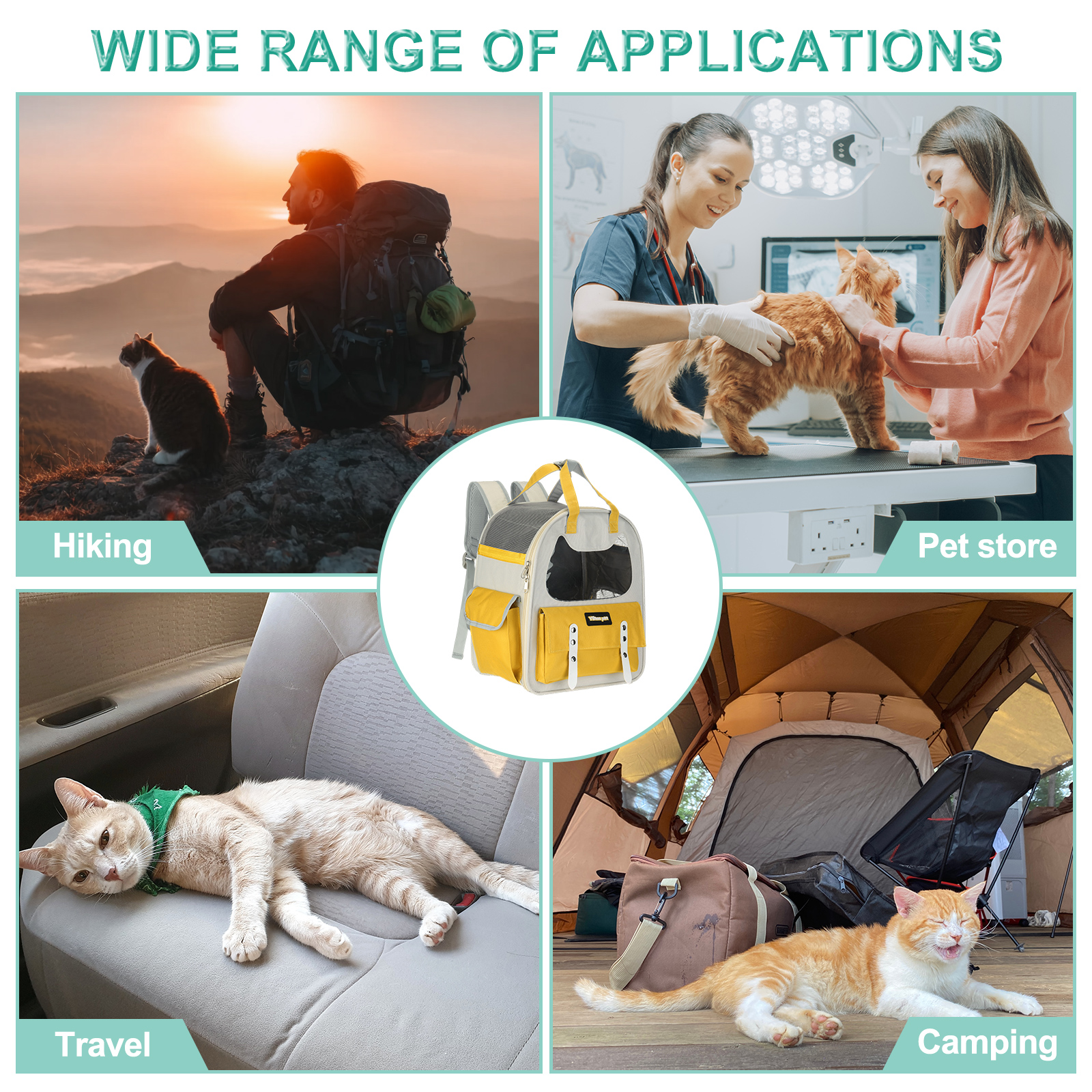 Cat Backpack Carrier, Breathable Pet Hiking Backpack Travel Bag for Cats or Small Dogs Yellow