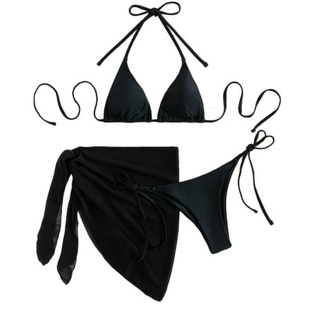 Three Pieces Sexy Thong Swimsuits Push Up Perspective Lacing Bikini Cover Ups