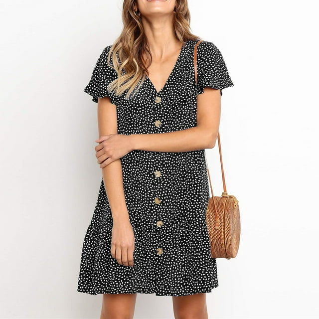 Jienlioq Robe Grande Taille pour Femmes Liquidation Mode Femmes Aguichant Jupe à Manches Courtes Col en V Volants Imprimé Boutons Mini Robes