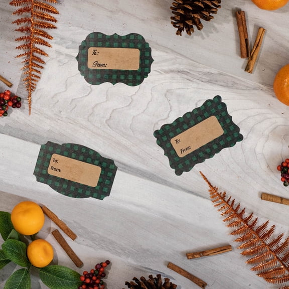 Green Buffalo Plaid Natural Kraft Christmas Gift Tags Holiday Present Stickers 2 x 3 Inch 100 Total Labels