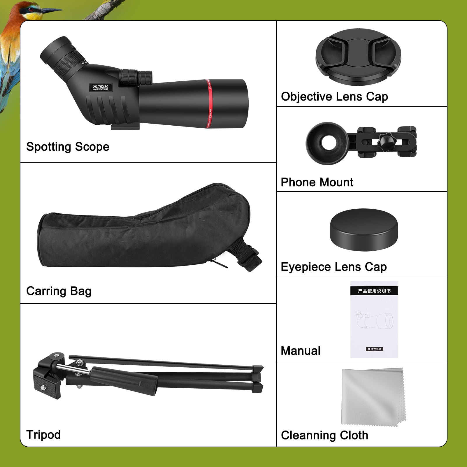 25-75x80 BAK4 Spotting Scope with Tripod, Carrying Bag 25-75x80 BAK4 Spotting Scope with Tripod, Carrying Bag